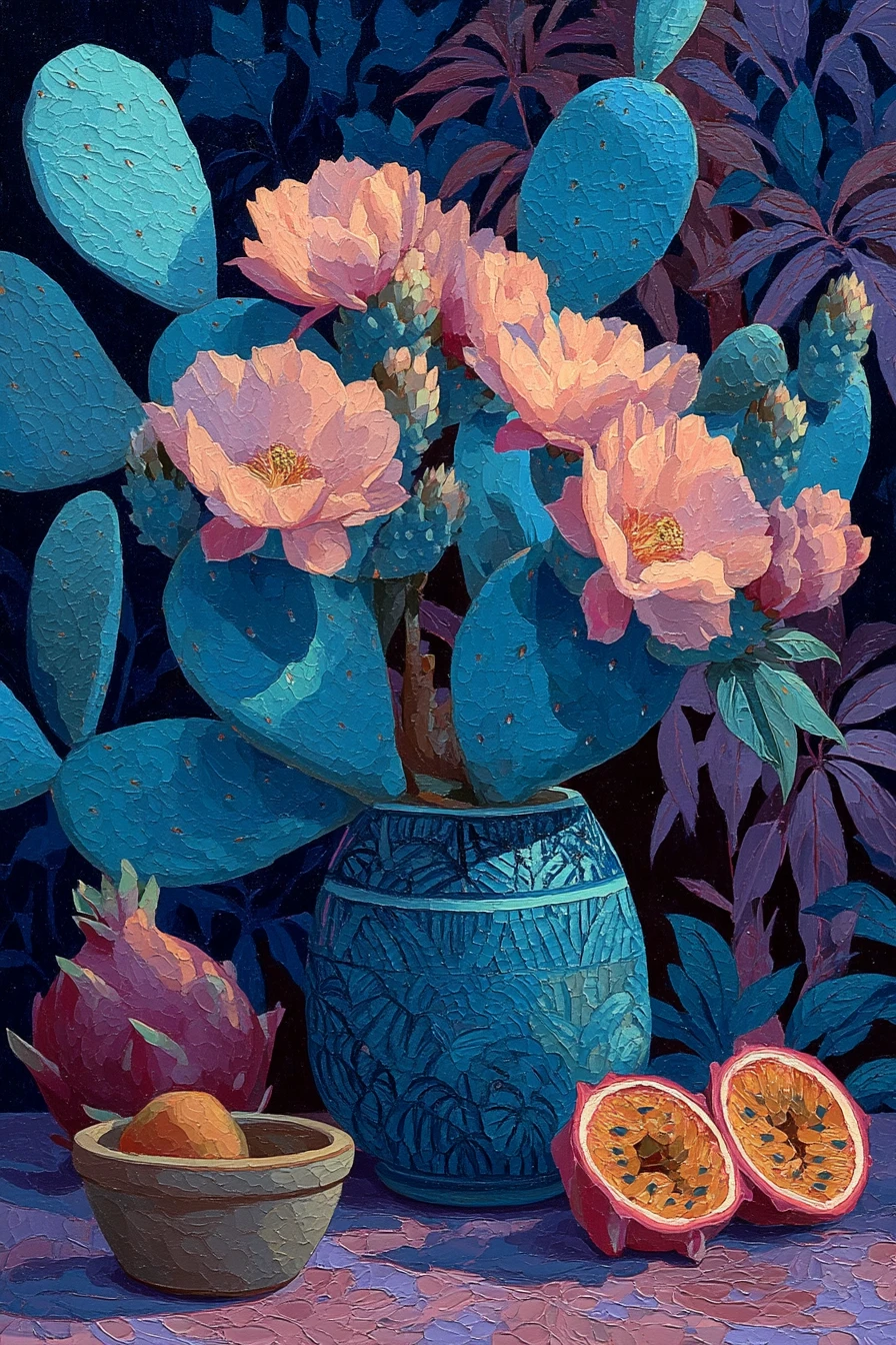 Surreal painting of cacti and tropical fruits still life