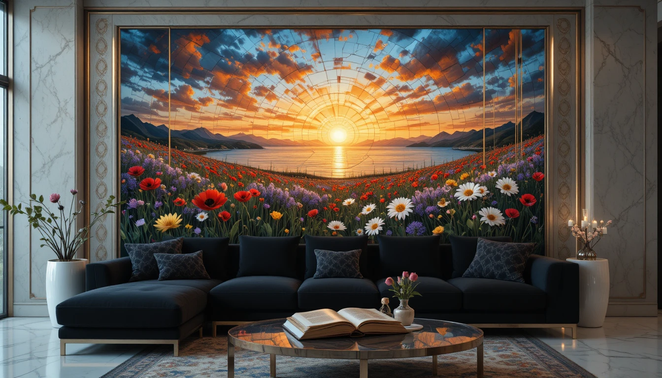Modernes Wohnzimmer mit leuchtender surrealer Glasmalerei-Wand