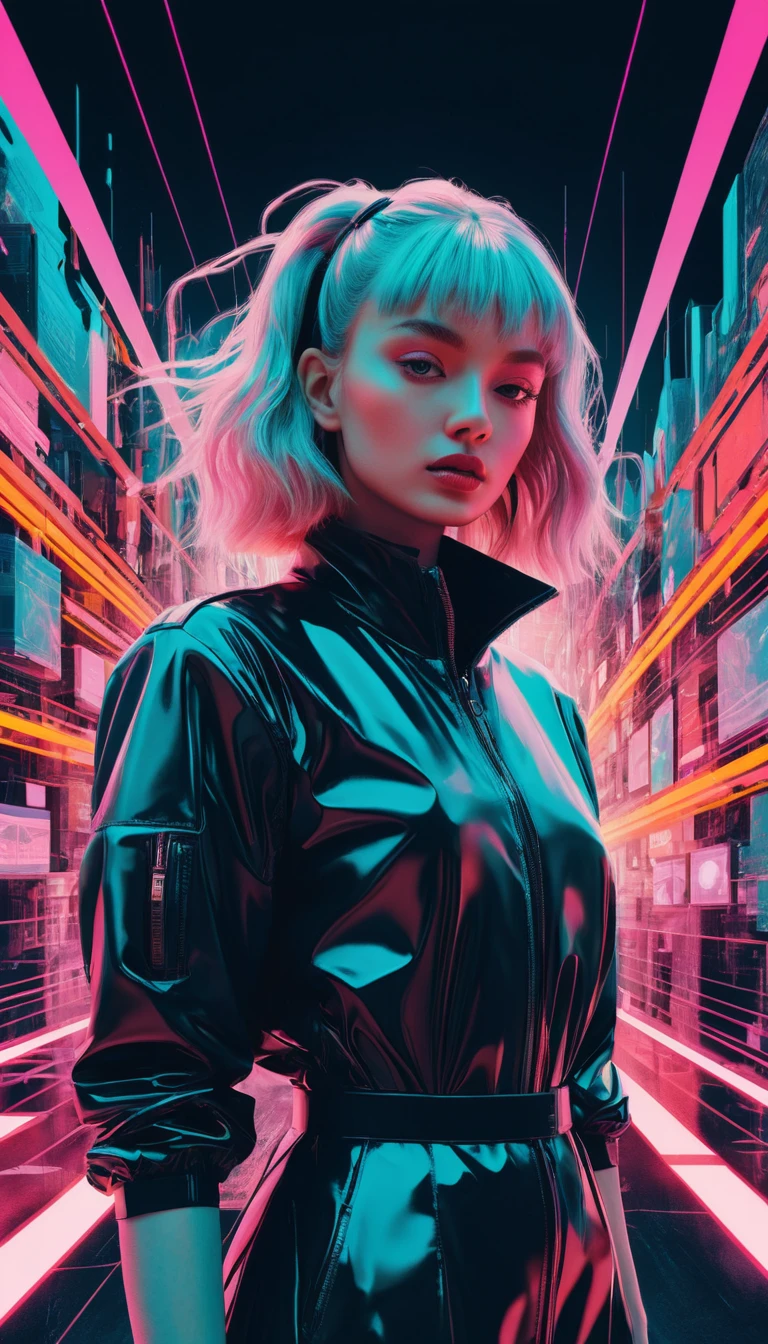 Mulher futurista cercada por energia neon e geometria surreal