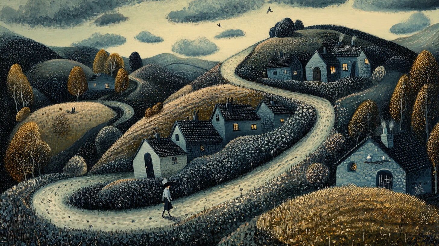 Traveler On An Impossible Winding Path Through Rolling Hills