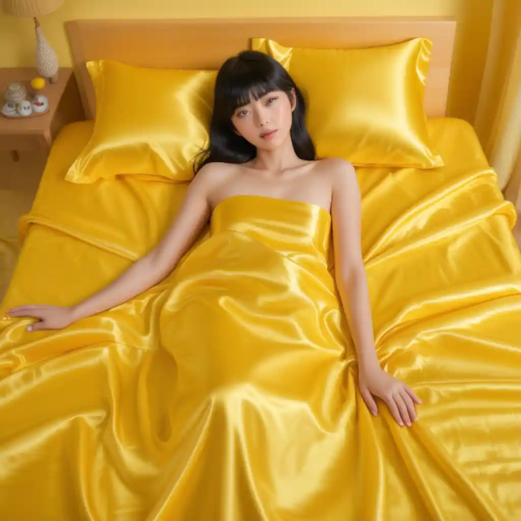 Femme japonaise allongée sur des draps en satin jaune vif