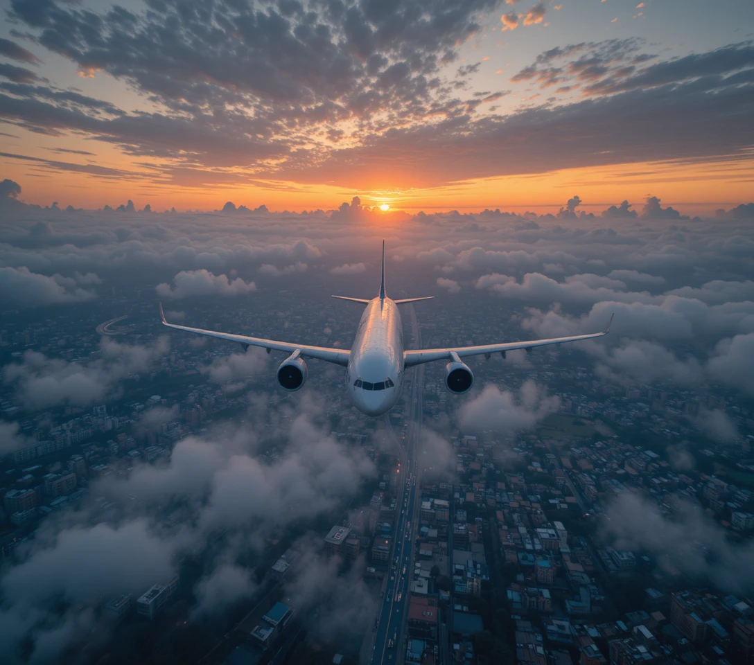 Commercial airplane over Lahore city at dramatic sunset sky