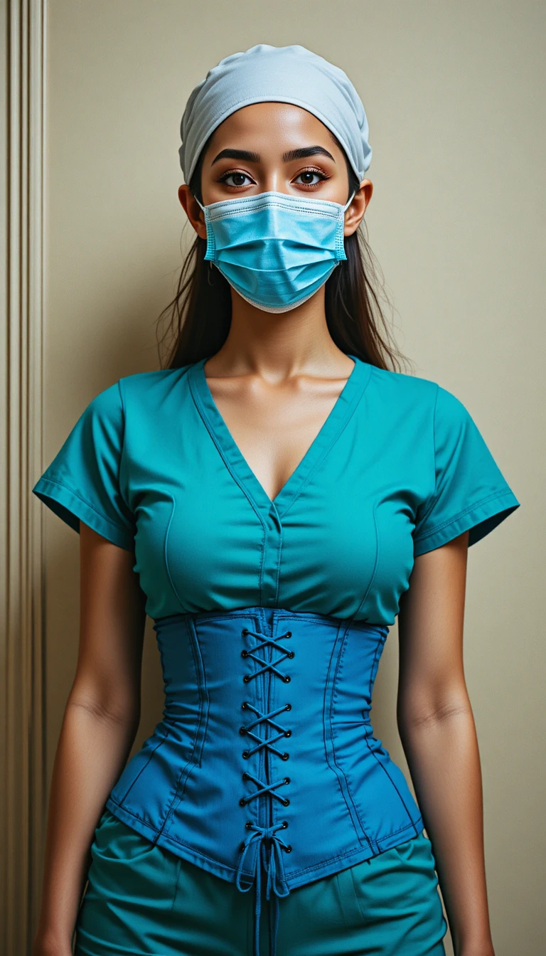 Young woman in teal scrubs and corset with mask