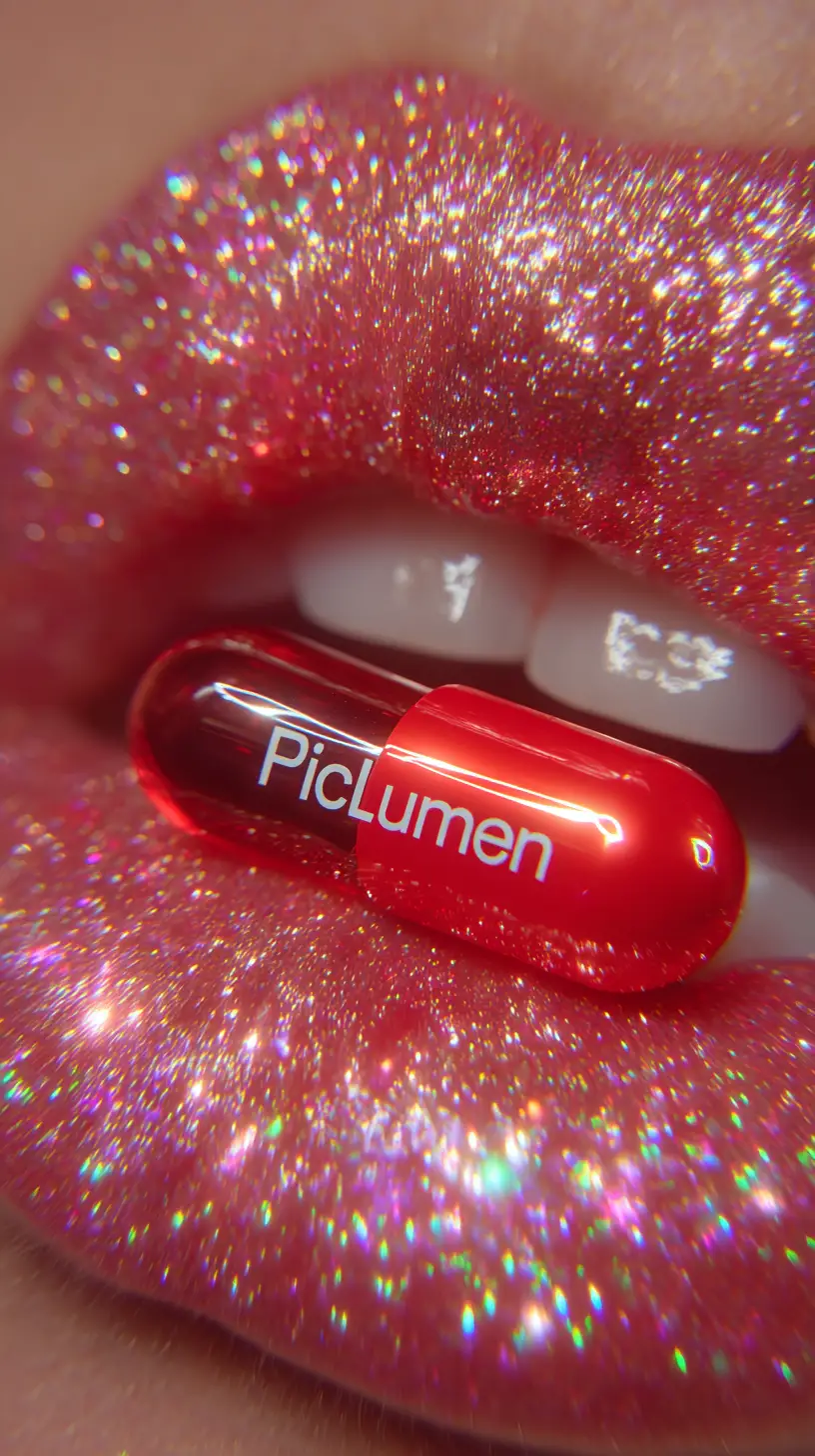 Macro close up of glossy lips holding red capsule