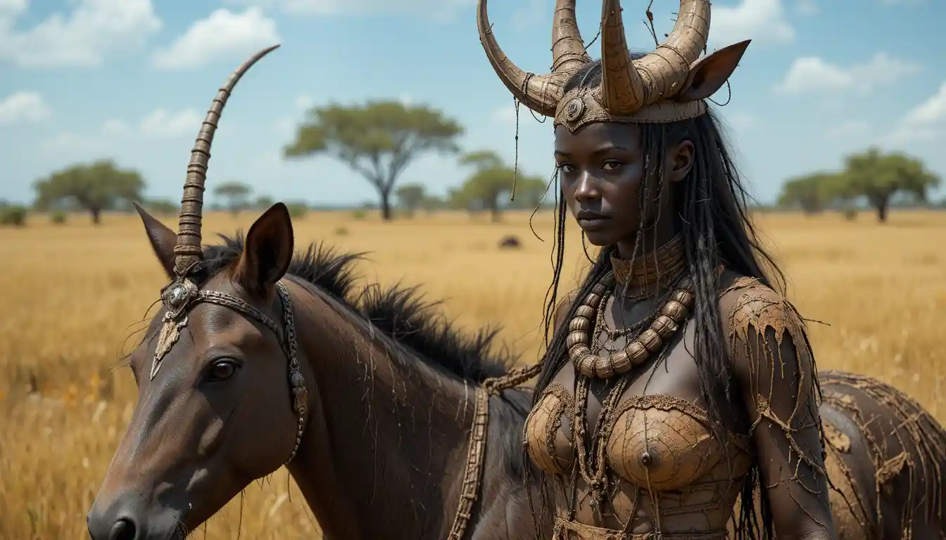 African warrior woman and Zulu fighter in open savanna
