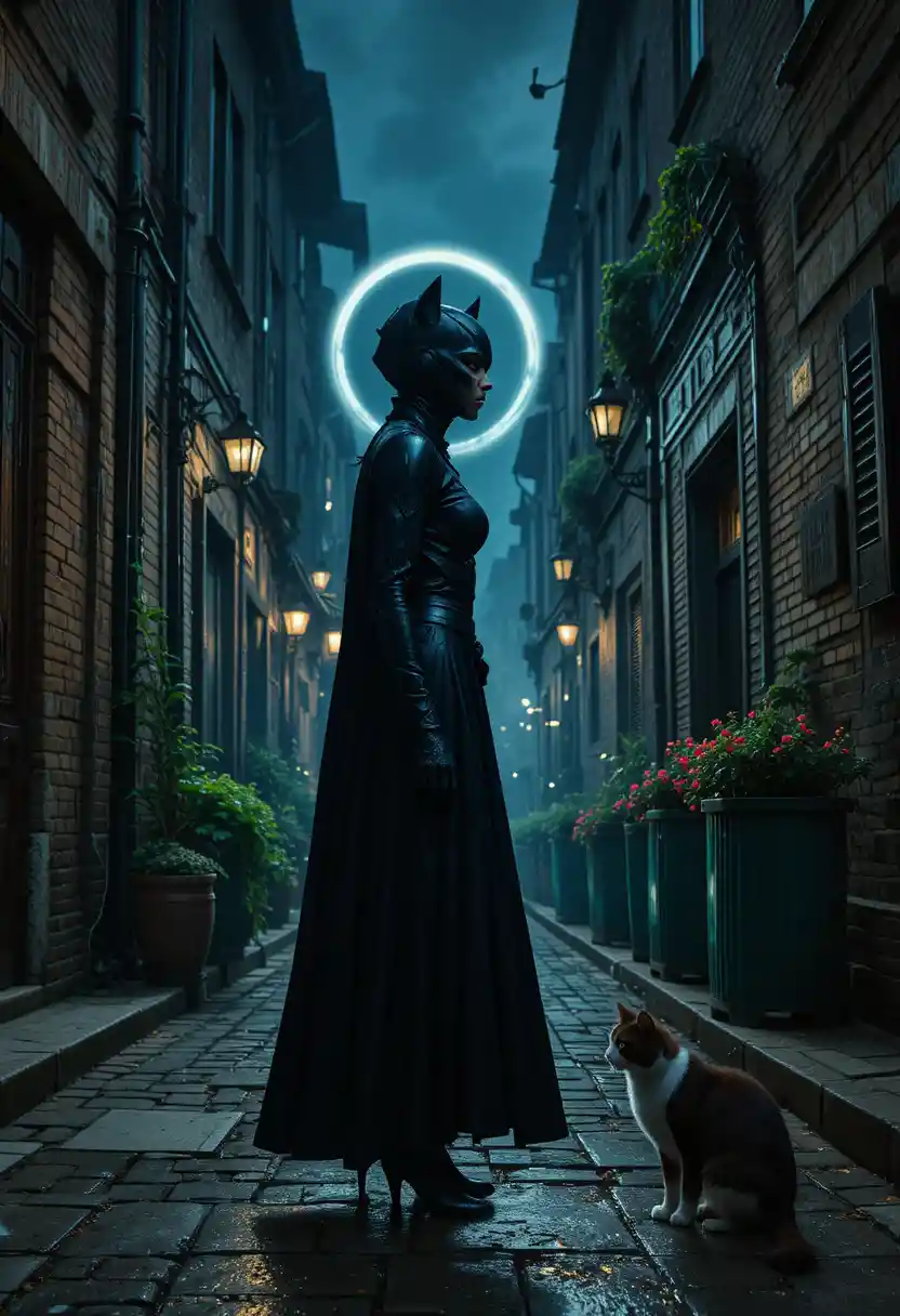 Masked woman standing in a dark urban alley at night