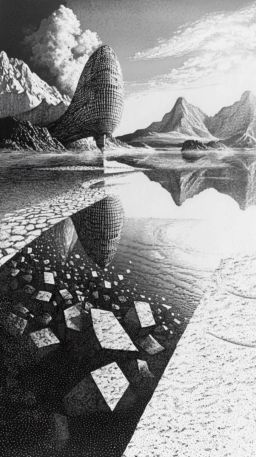 Dirigível pontilhista surreal sobre um tranquilo lago de montanha