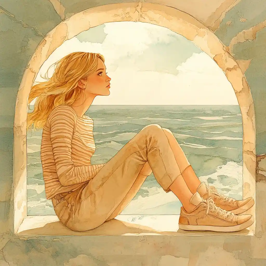 Dreamy watercolor seascape with a golden haired woman