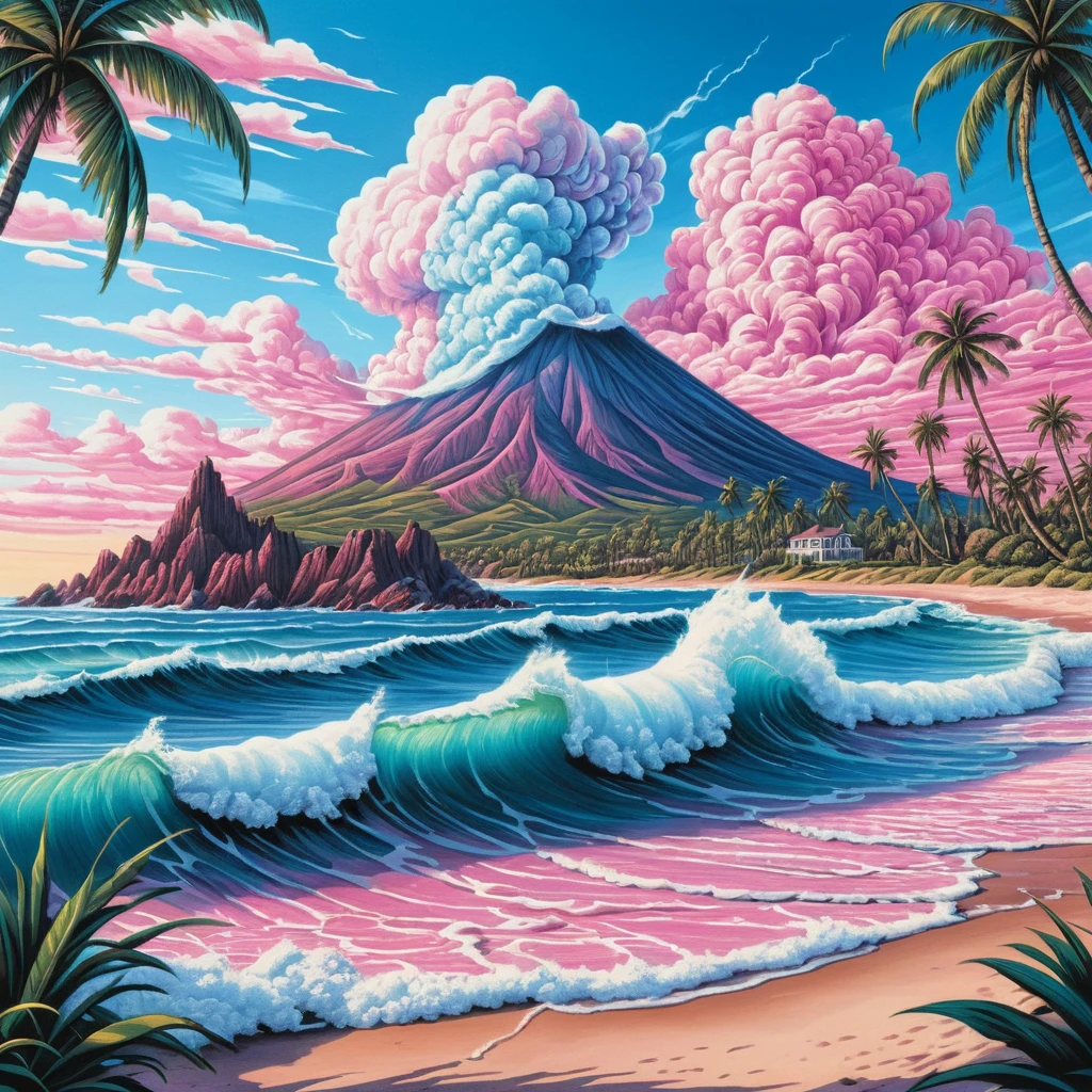 Ondas vibrantes do oceano tropical com vulcão distante e palmeiras