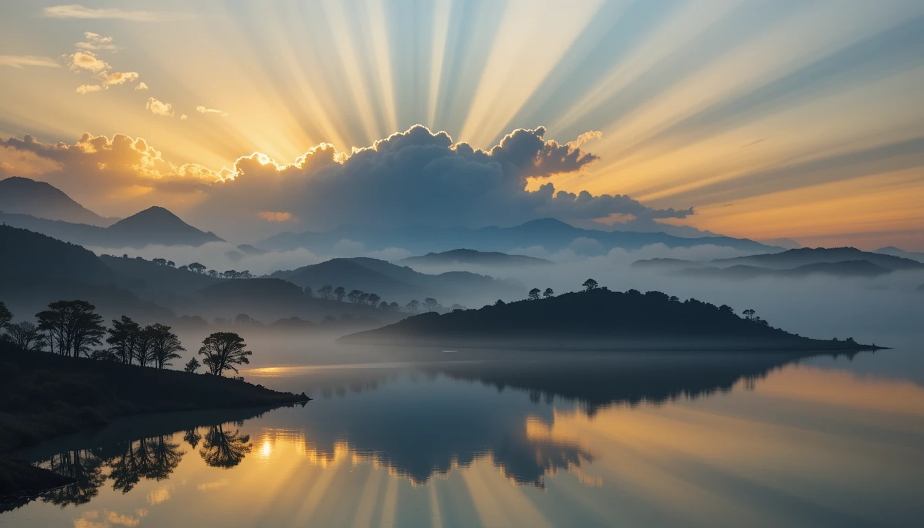 Goldener Sonnenaufgang über nebligen Hügeln und spiegelndem See