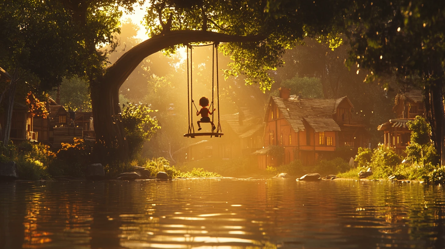 Child on a high swing above a calm river