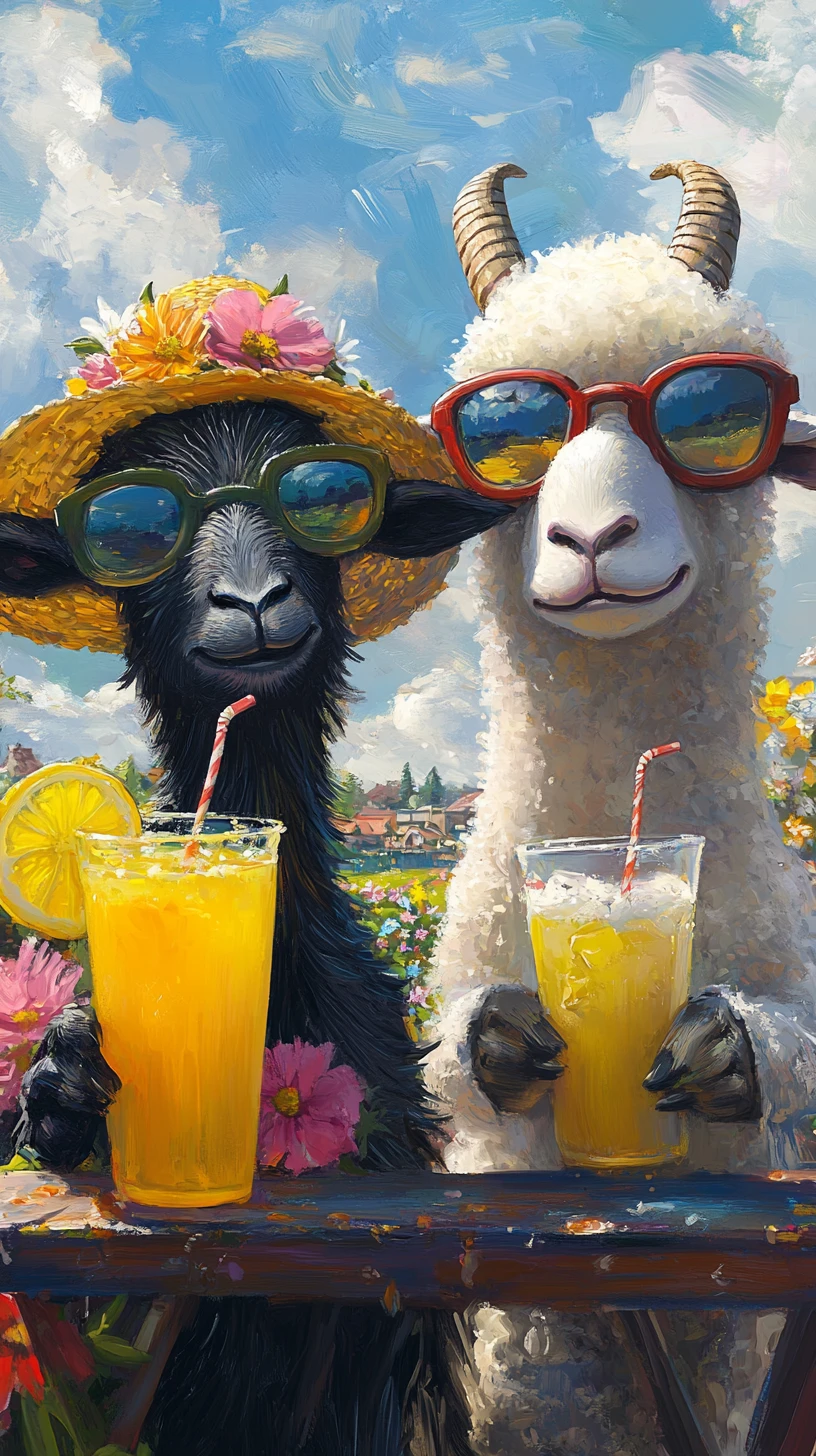 Capra e Pecora Antropomorfe a un Chiosco di Limonata Soleggiato