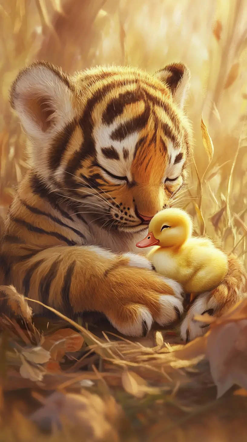 Cute baby tiger cuddling with a tiny duck illustration