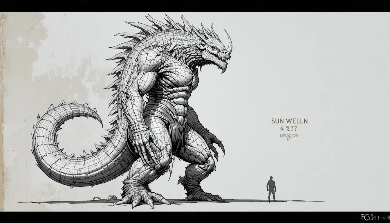 Créature mythique cuirassée dans un dessin dynamique en noir et blanc