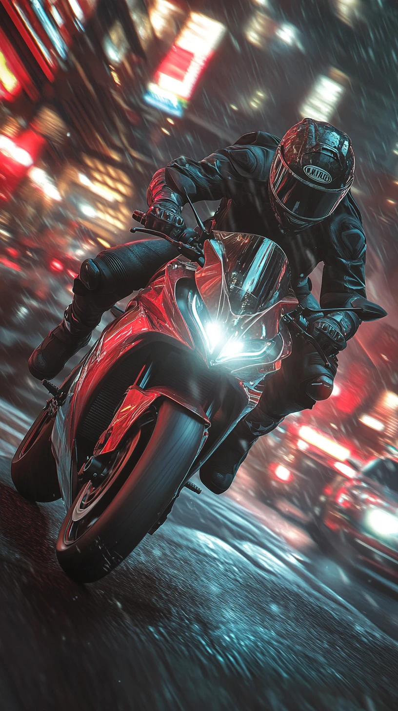 Motociclista acelerando por rua da cidade em noite iluminada