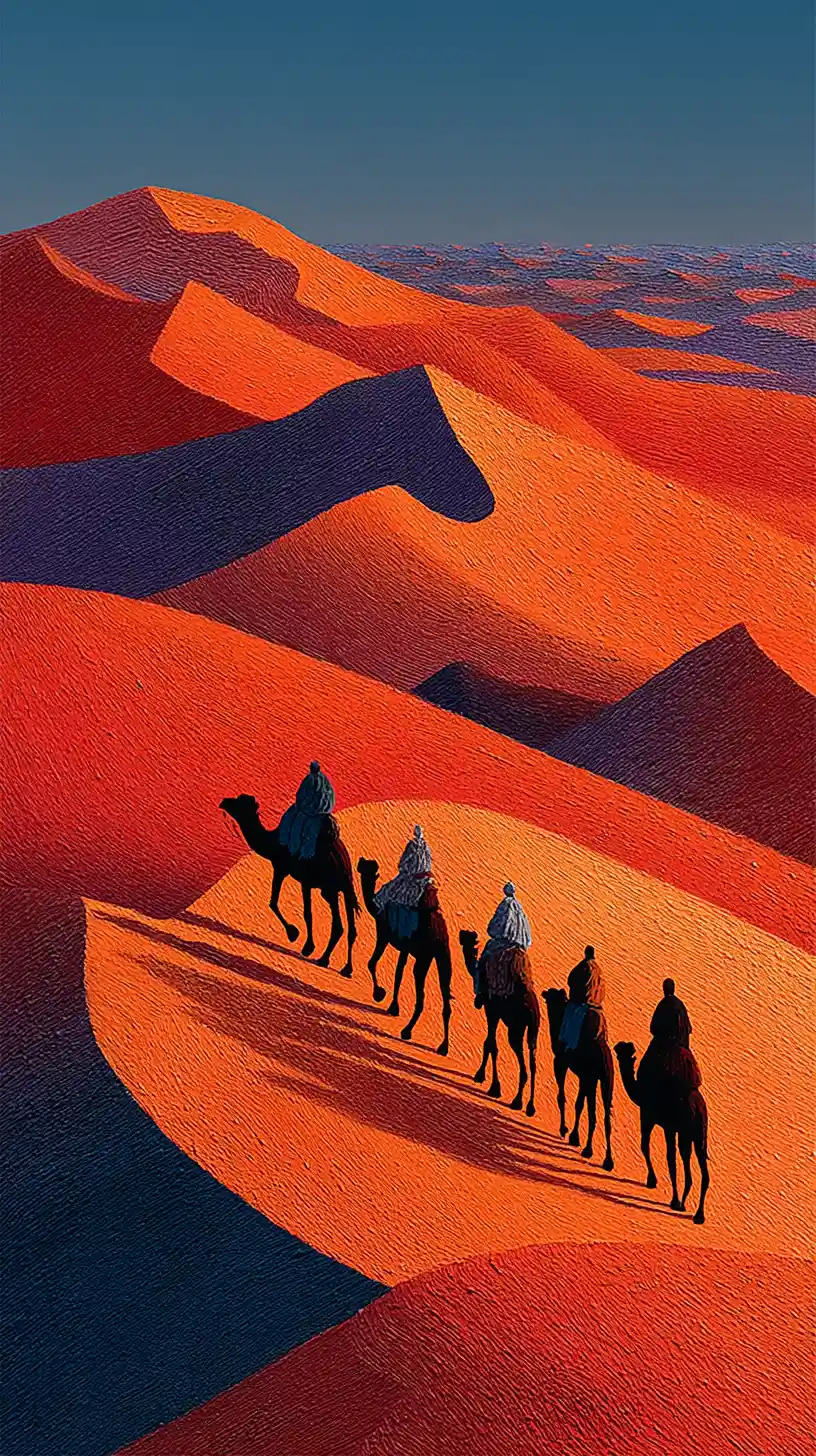 Tuareg camel caravan crossing sunlit Saharan sand dunes