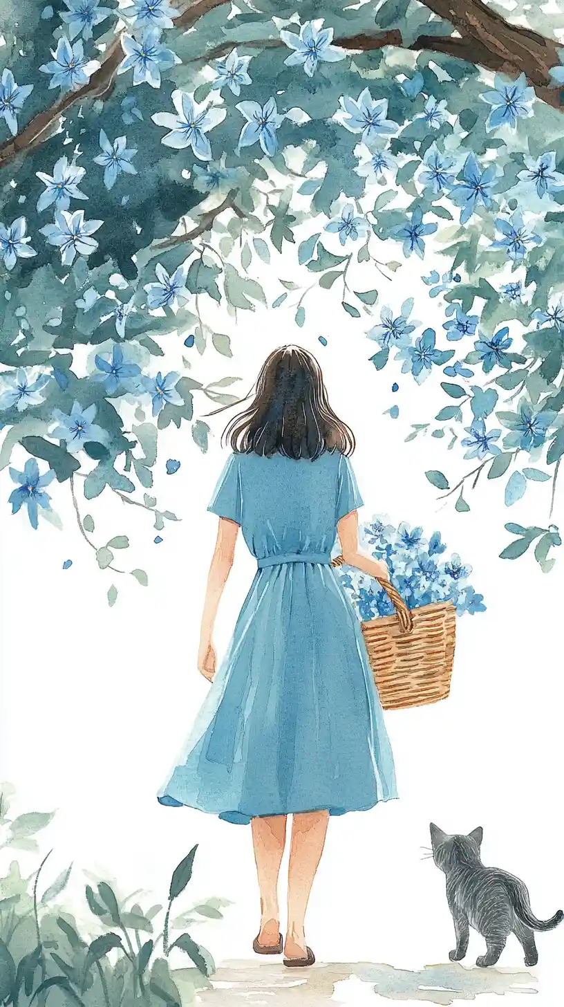 Chica con vestido azul caminando con un gato bajo un árbol florecido