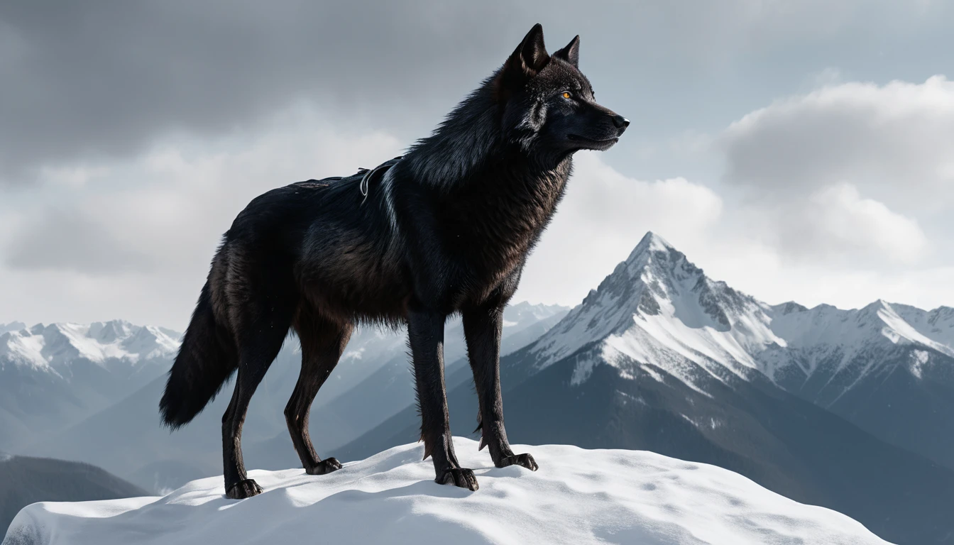 Lobo negro no pico nevado com sobretudo e pistola prateada