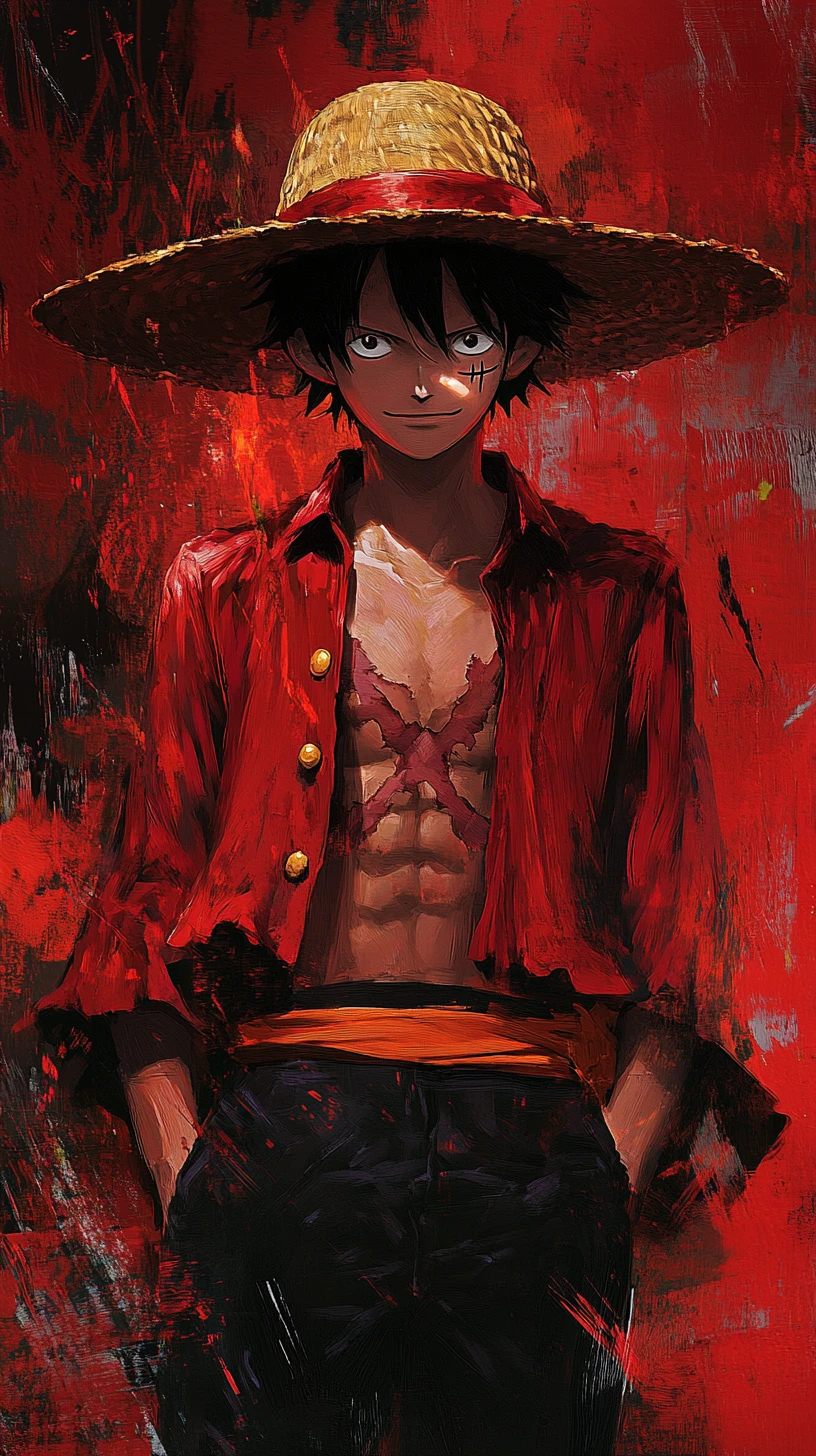 Herói de anime com chapéu de palha em retrato vermelho dramático