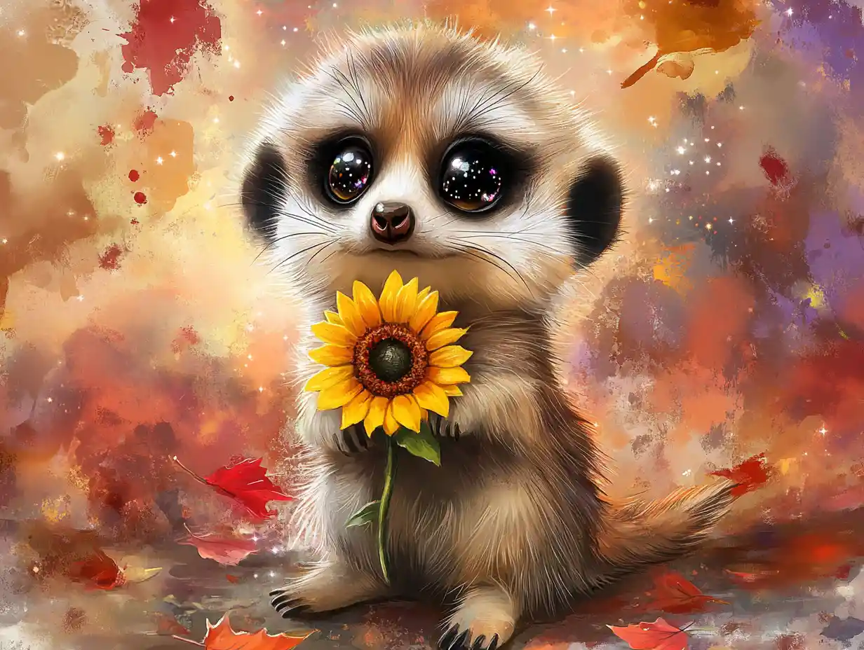 Cute baby meerkat with sunflower in watercolor art