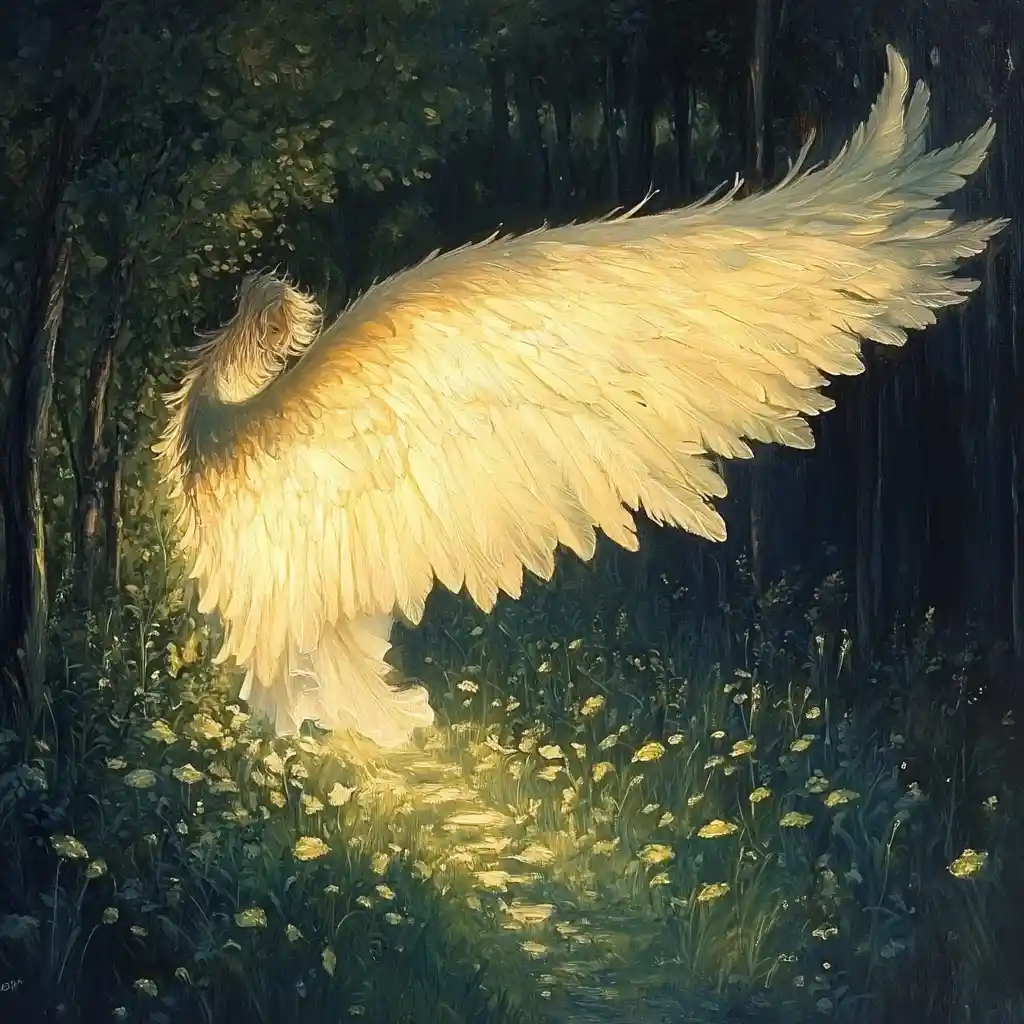 Radiant angel wing guiding lost souls in a night forest