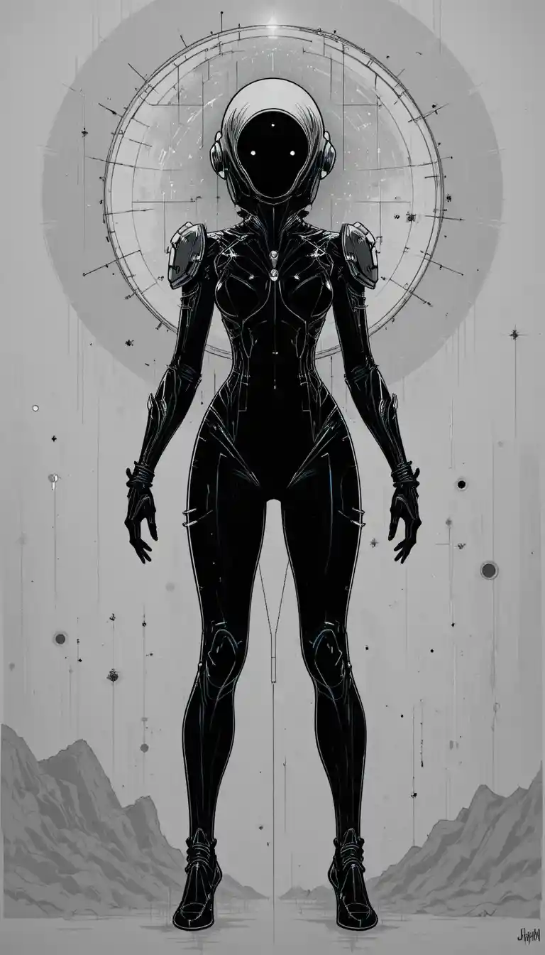 Donna cibernetica futuristica con alone in disegno in bianco e nero