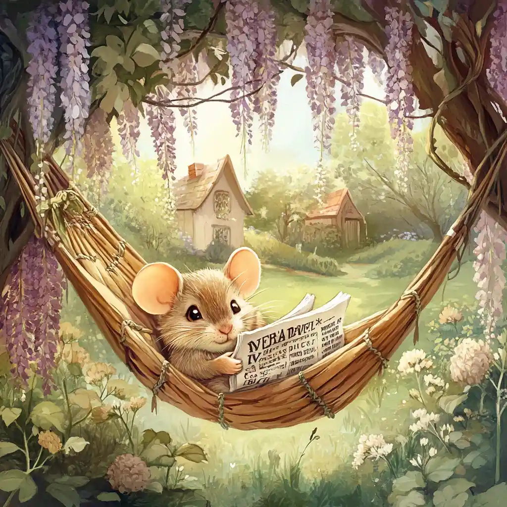 Cute mouse reading in a hammock among wisteria