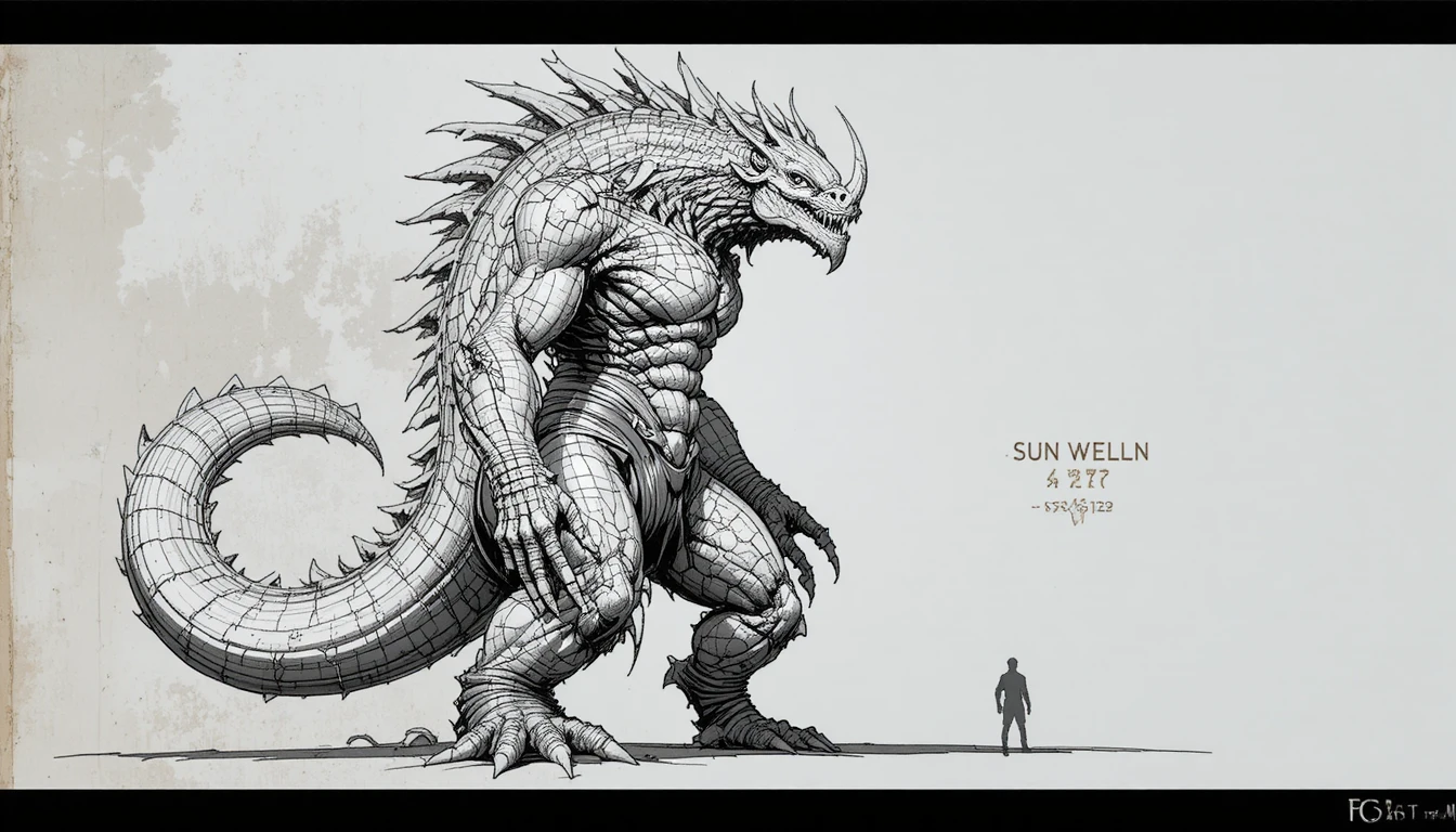 Creatura mitica corazzata in dinamico disegno in bianco e nero