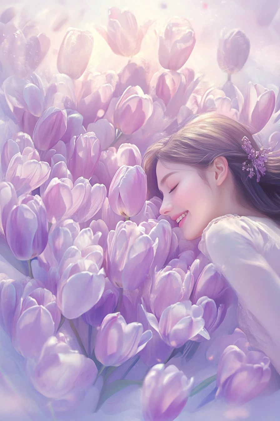 Coração em tons pastéis de tulipas lilás com jovem mulher alegre