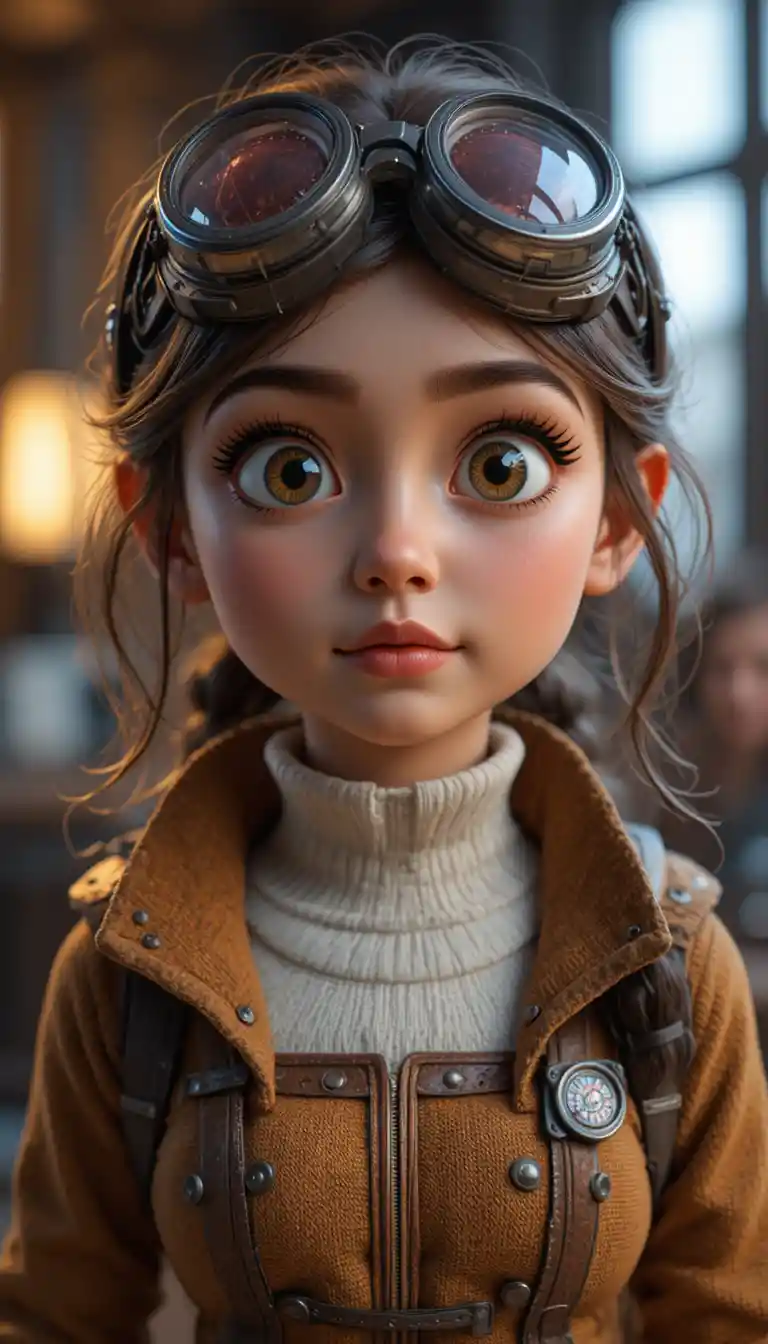 ゴーグルをつけた若い少女発明家の3Dアニメ風イラスト