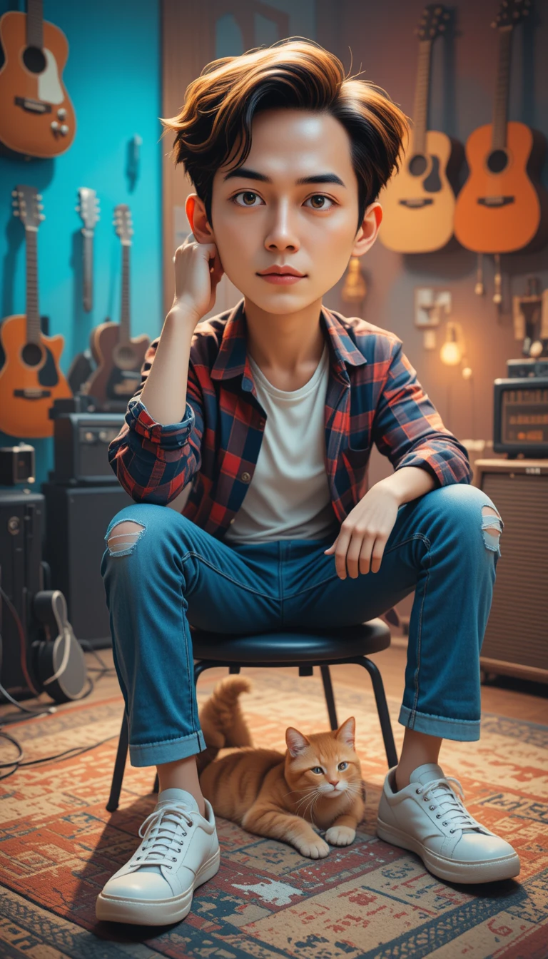 Jovem guitarrista de camisa xadrez descansando com guitarra elétrica
