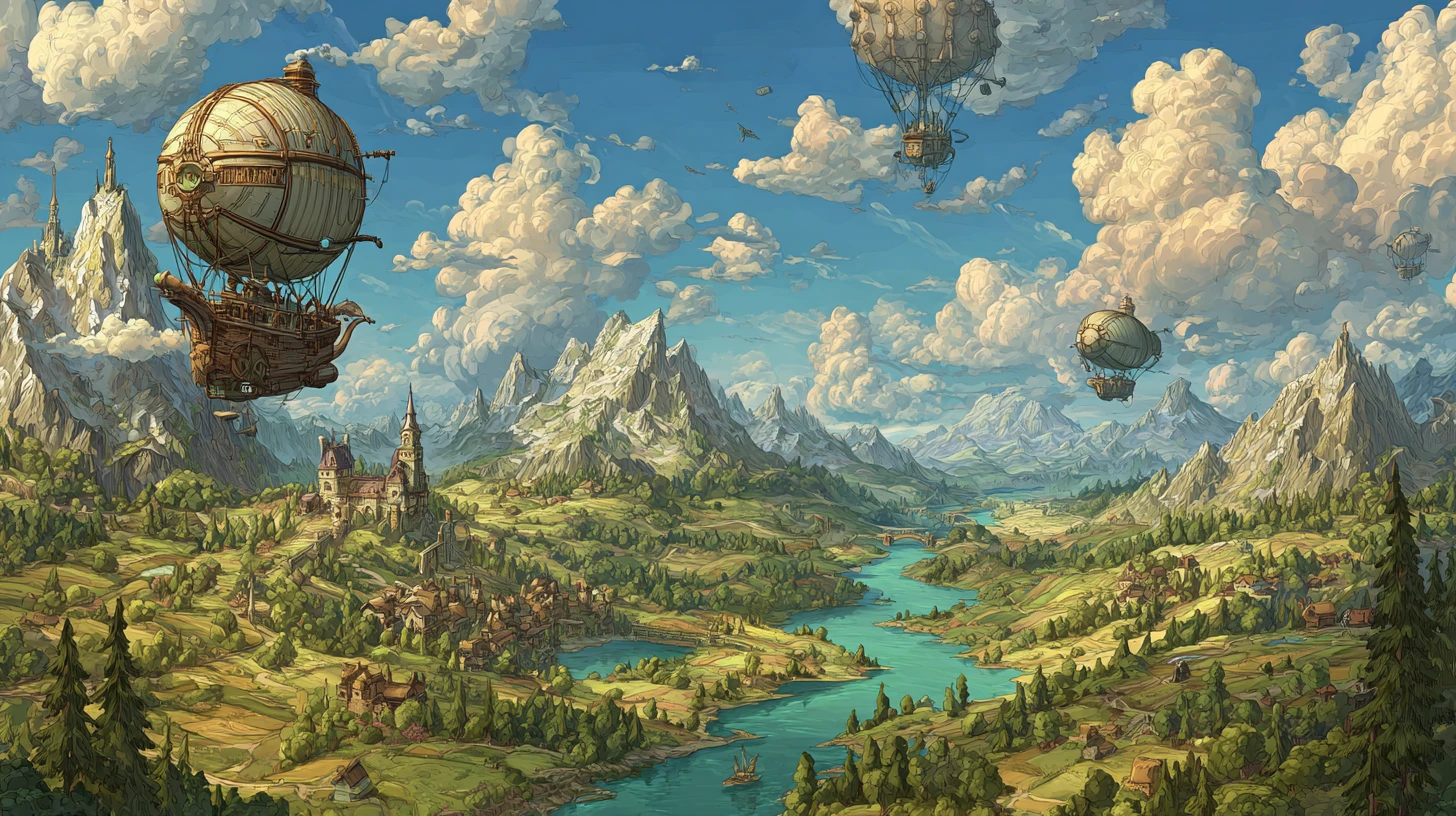 Dirigíveis steampunk coloridos sobre um vale montanhoso com rio
