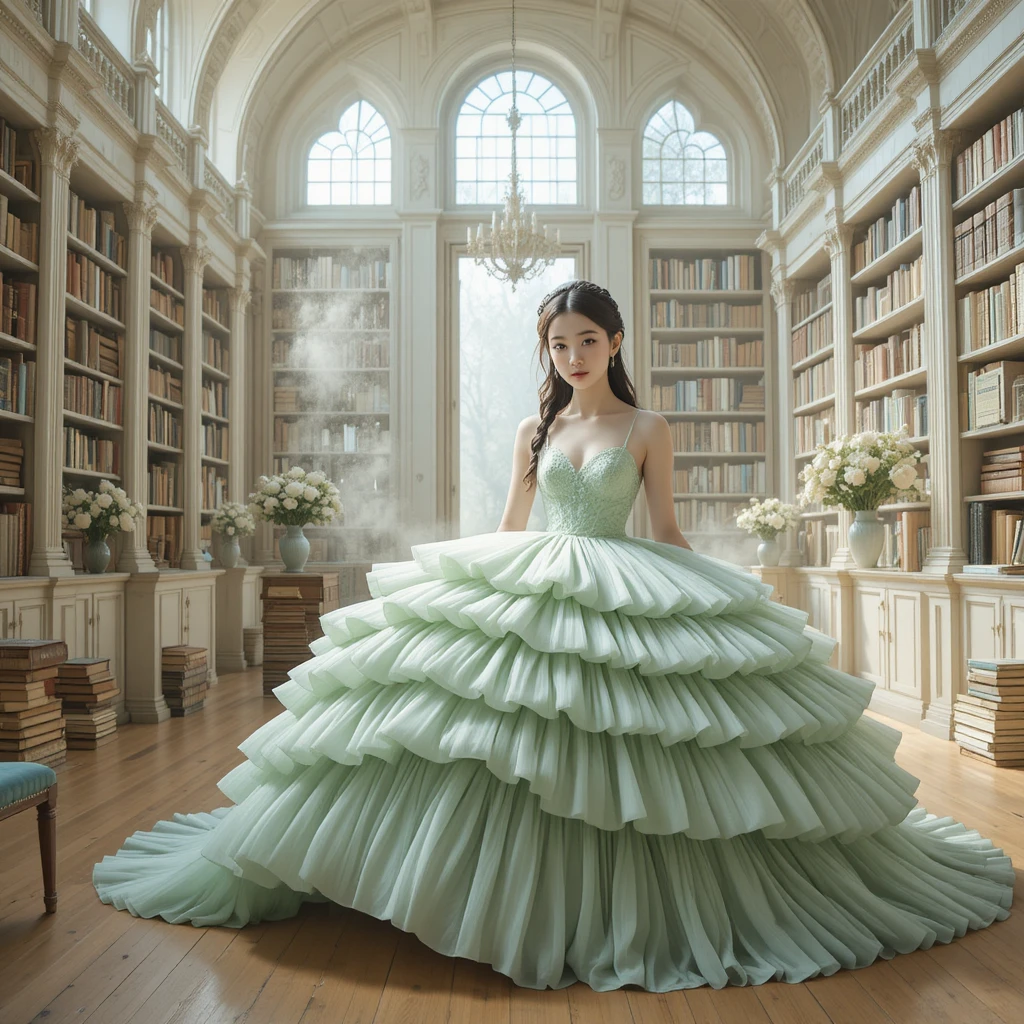 Mulher coreana com vestido em camadas cor menta em uma biblioteca banhada pelo sol