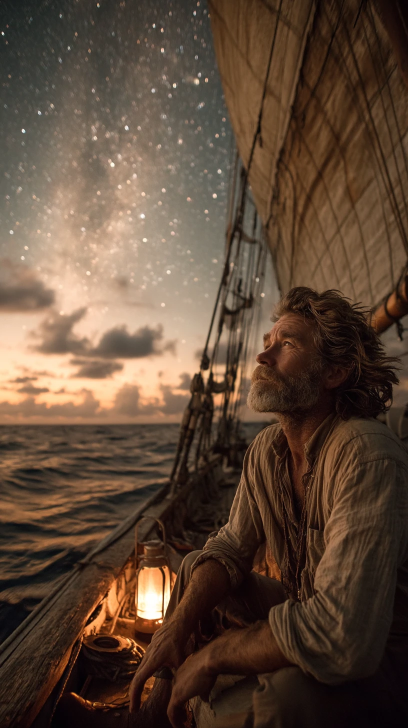 Homem navegando sozinho em oceano calmo à noite sob as estrelas