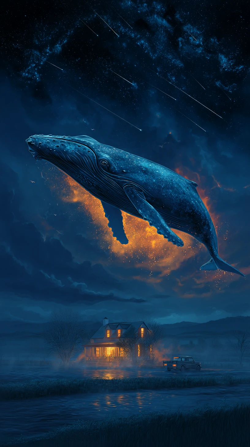 Baleia-azul à deriva por um céu noturno estrelado e brilhante