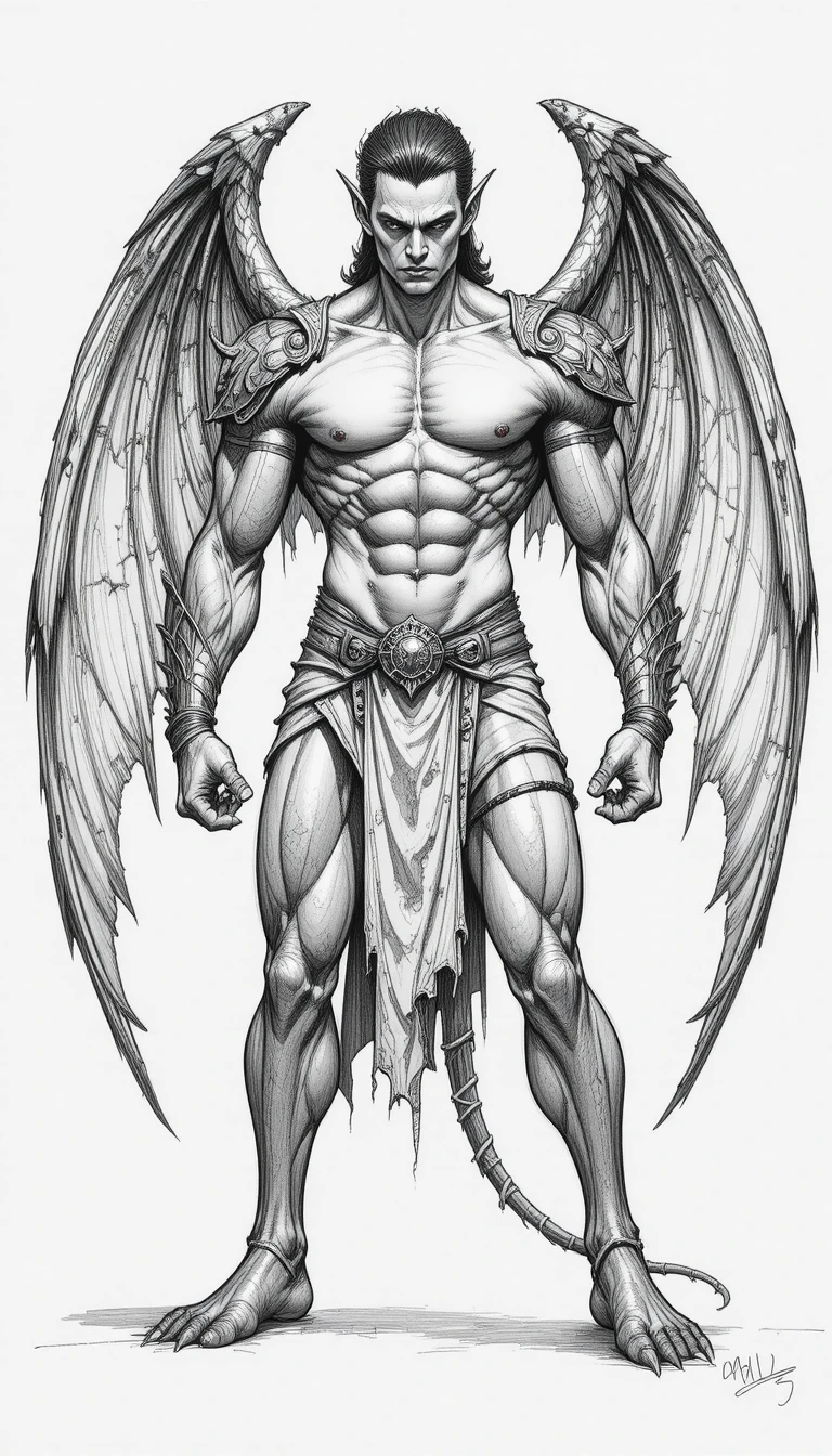 Winged gargoyle warrior in detailed pencil illustration