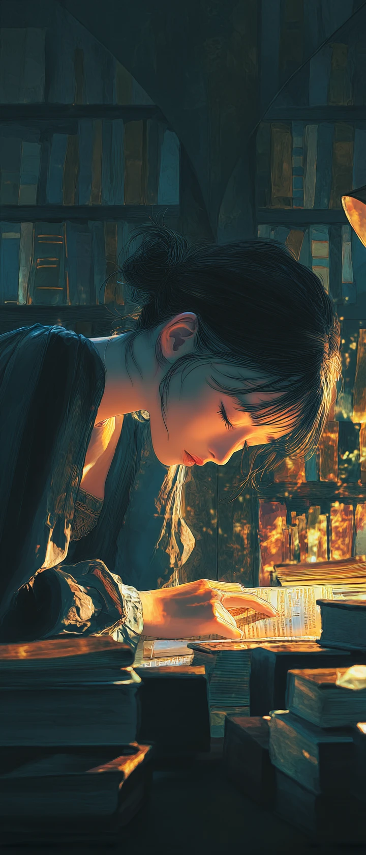 Bibliotecária de anime abre livros para encontrar fotos de si mesma