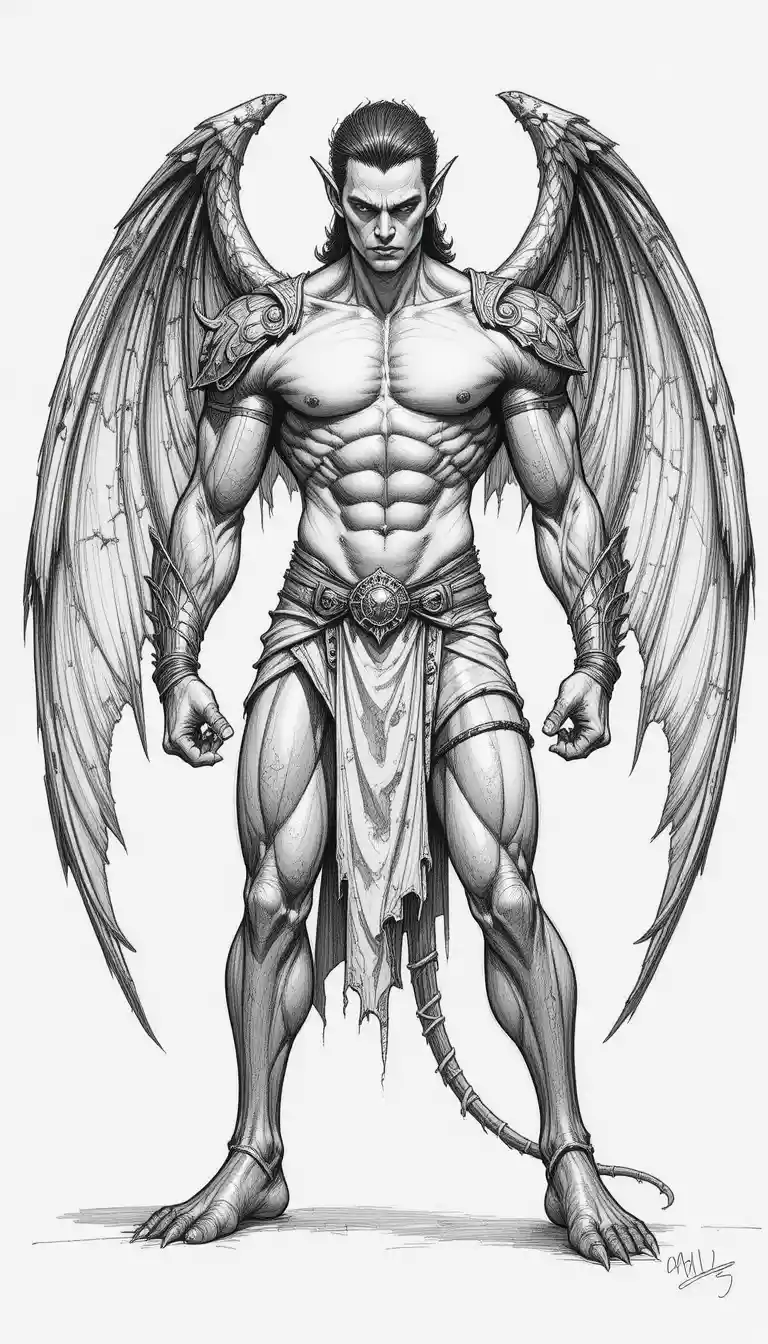Winged gargoyle warrior in detailed pencil illustration