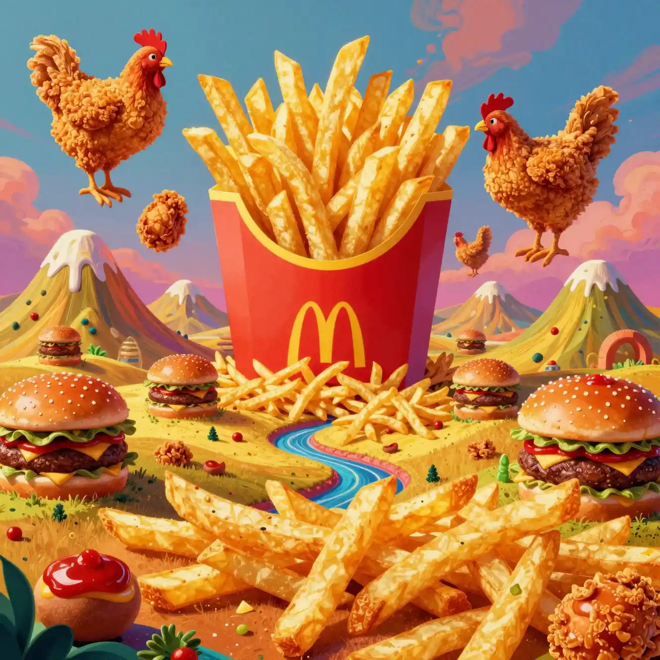 Surreal Fast Food Landscape In Vibrant Pop Art Style