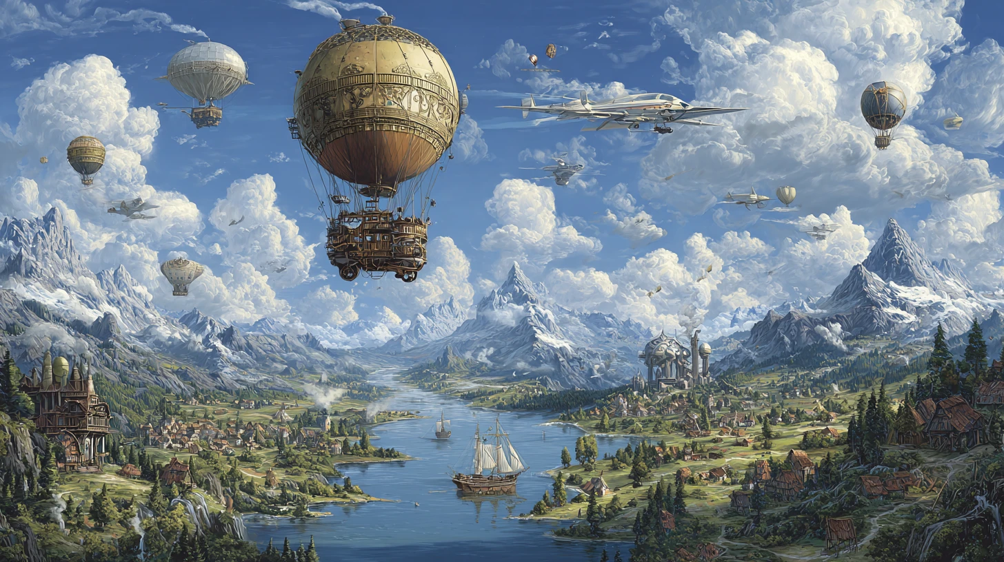 Dirigeables steampunk colorés au-dessus d’une vallée fluviale pittoresque