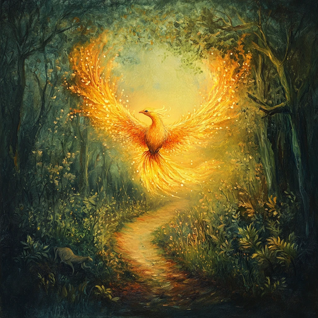 Fênix radiante guiando almas perdidas por uma floresta escura