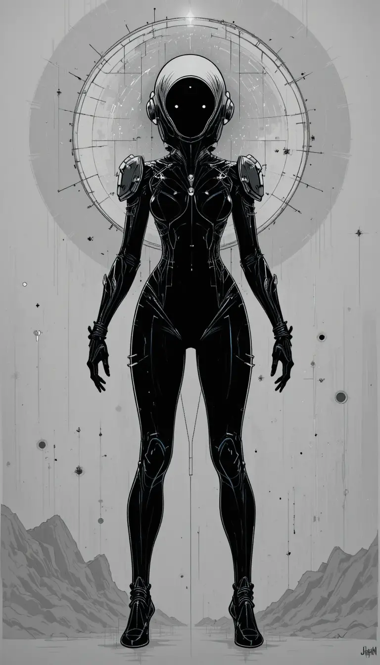 Femme cybernétique futuriste avec halo en dessin noir et blanc