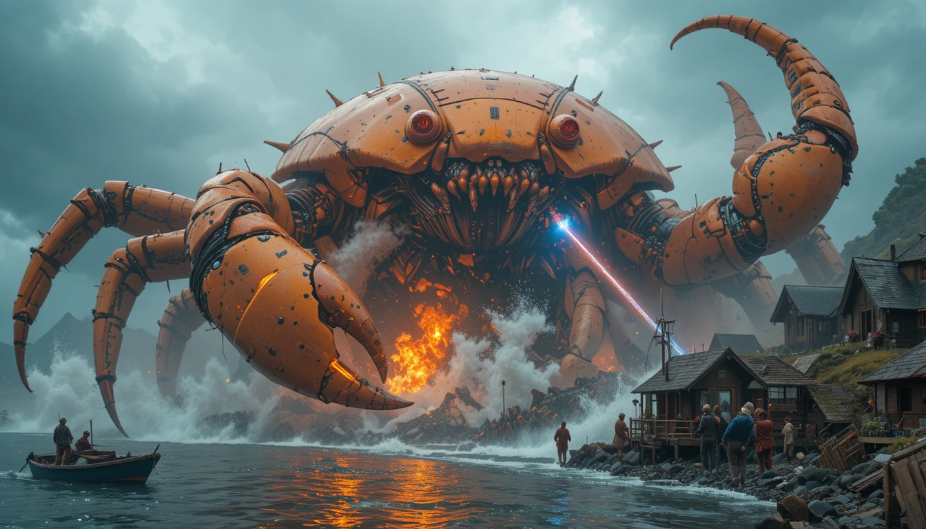 Giant cyborg crab attacking a stormy seaside village