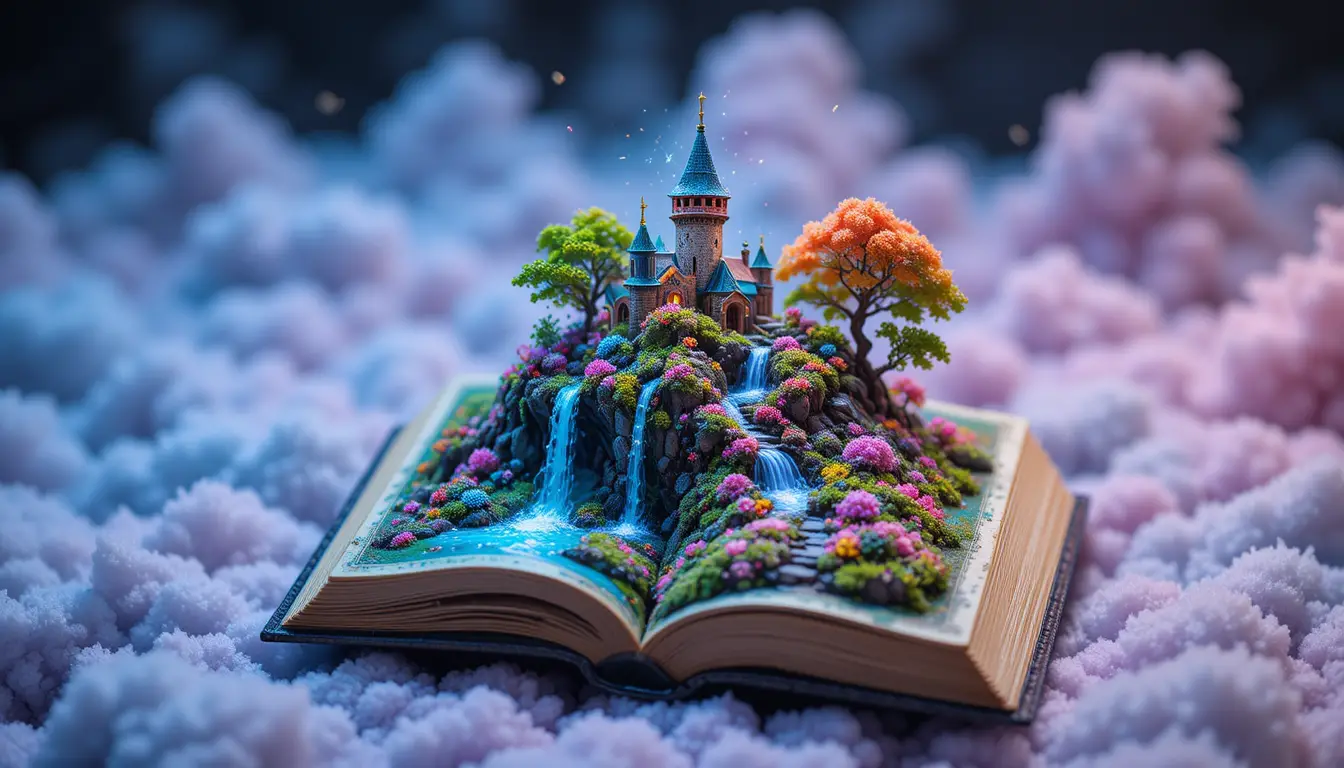 Libro in miniatura aperto che rivela un vibrante mondo da fiaba