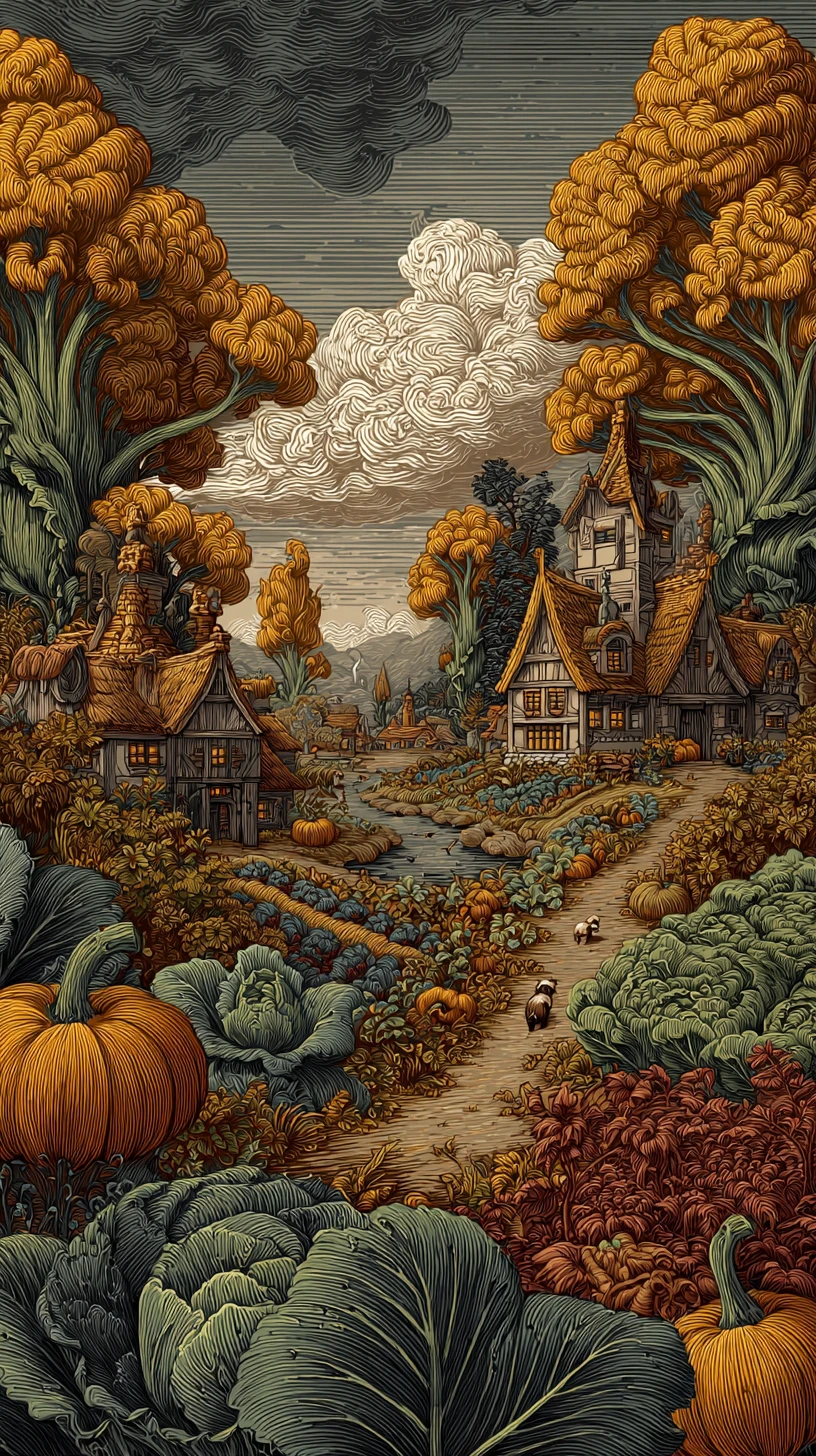 Fantasy Village Among Giant Lilies And Vegetables