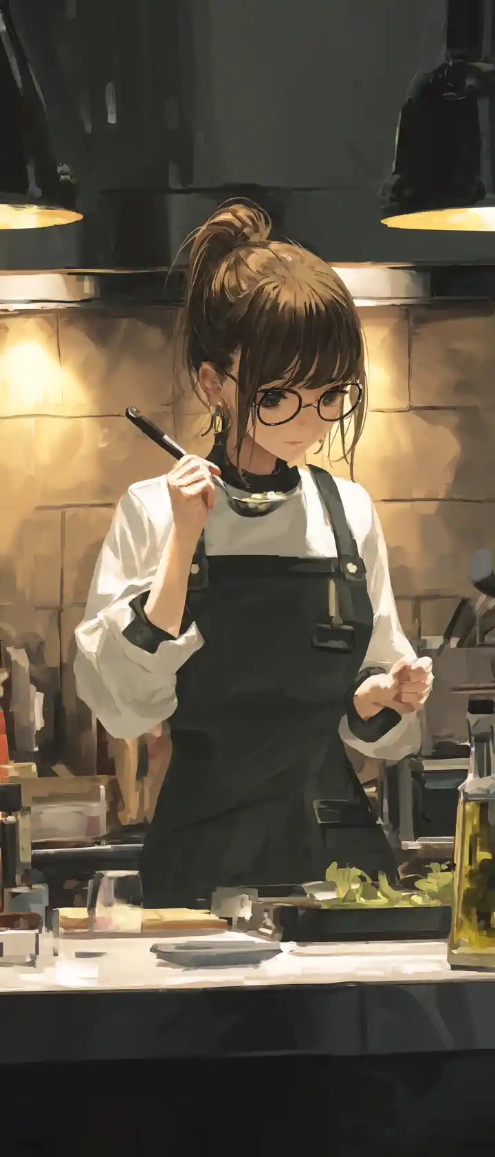 明亮廚房中品嚐自己料理的動漫廚師