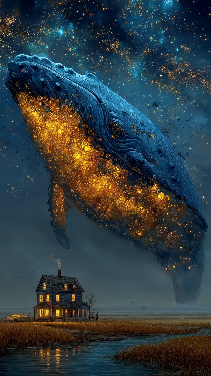 Colossal baleia-azul deslizando por um céu noturno brilhante