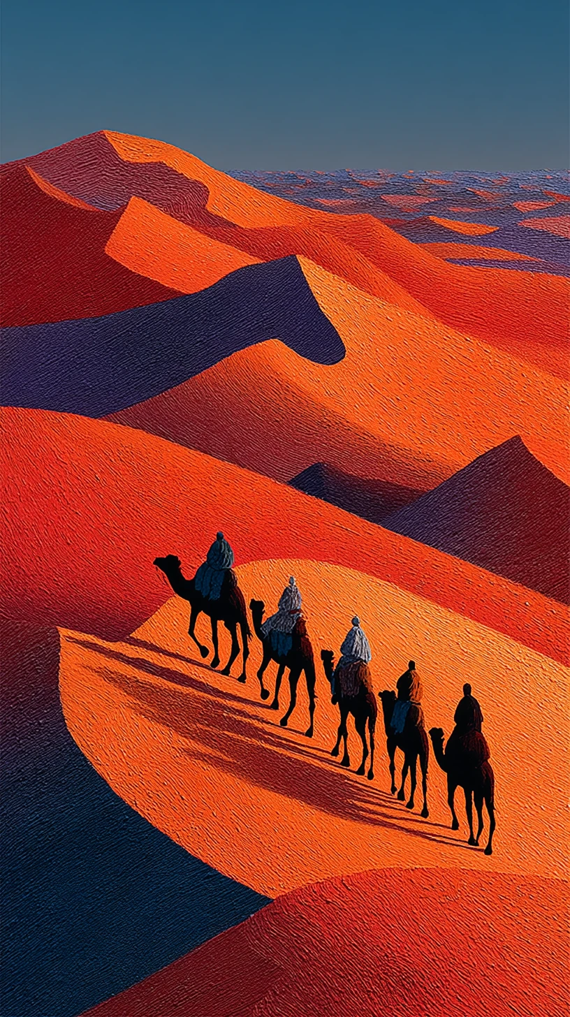 Carovana di cammelli tuareg che attraversa le dune di sabbia del Sahara illuminate dal sole