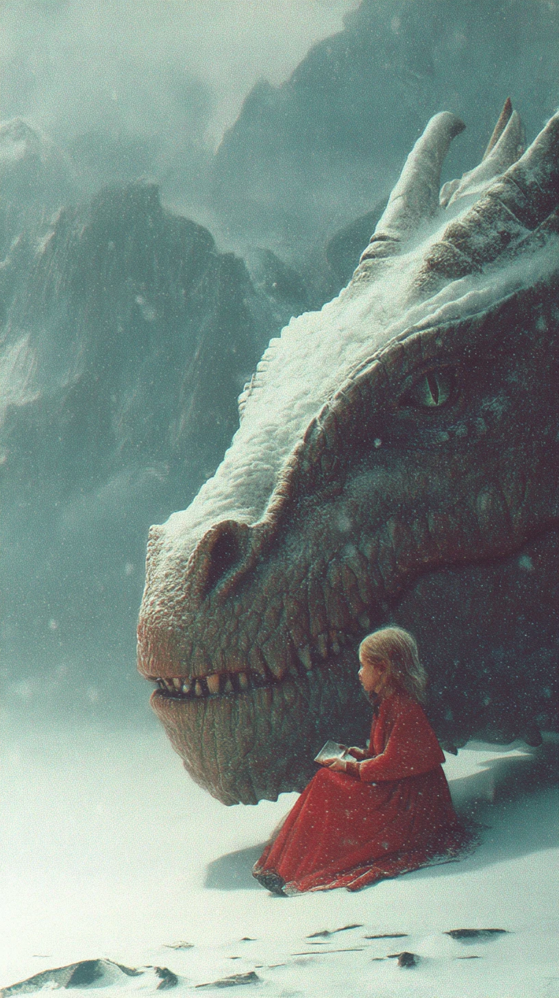 Mädchen in Rot neben einem Drachen auf verschneitem Bergplateau
