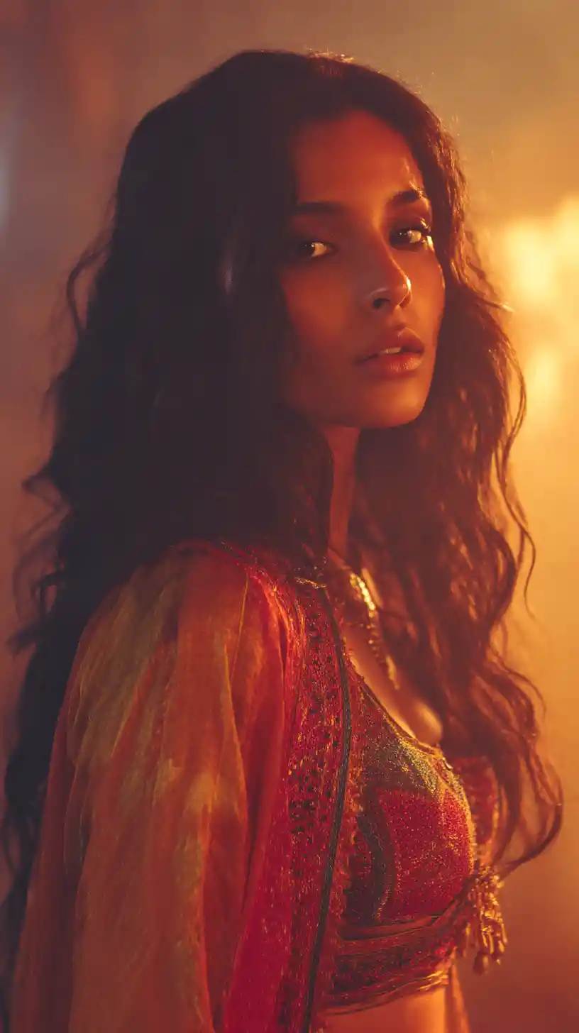 Indian woman in warm cinematic backlit portrait